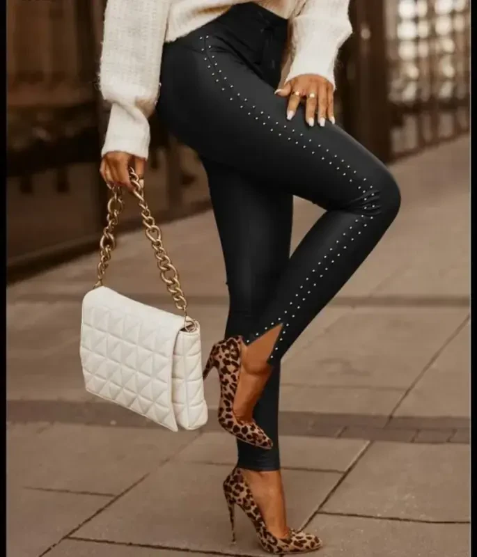 Women's High Waist Pearl Embellished Slit Detail Long Leather Leggings - 1