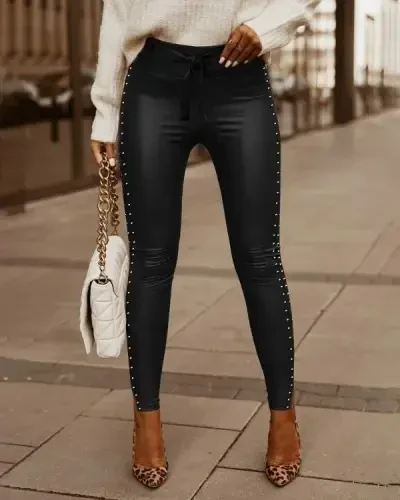 Women's High Waist Pearl Embellished Slit Detail Long Leather Leggings - BÜYÜKBEDENIZ (1)
