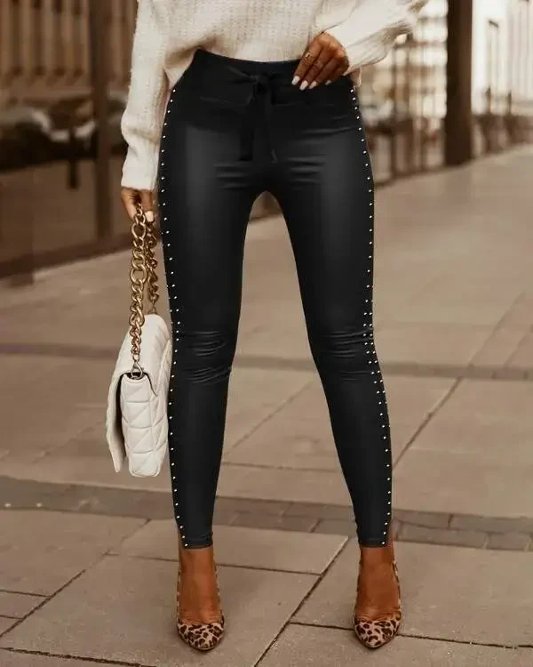 Women's High Waist Pearl Embellished Slit Detail Long Leather Leggings - 2
