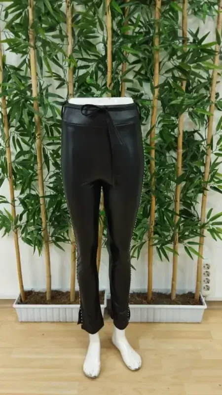 Women's High Waist Pearl Embellished Slit Detail Long Leather Leggings - 11