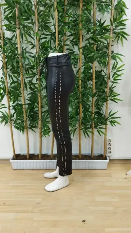 Women's High Waist Pearl Embellished Slit Detail Long Leather Leggings - 12