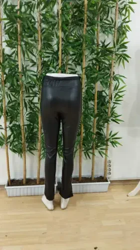 Women's High Waist Pearl Embellished Slit Detail Long Leather Leggings - 13