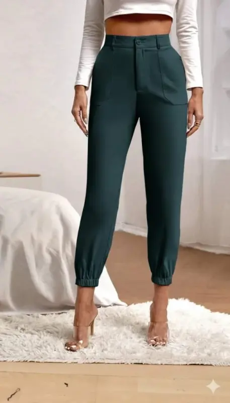 Women's High Waist Pocketed Elastic Hem Imported Crepe Pants - BÜYÜKBEDENIZ