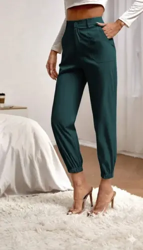 Women's High Waist Pocketed Elastic Hem Imported Crepe Pants - BÜYÜKBEDENIZ (1)