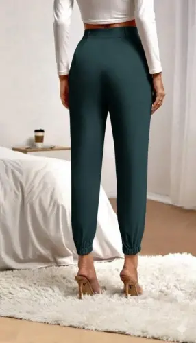 Women's High Waist Pocketed Elastic Hem Imported Crepe Pants - 3