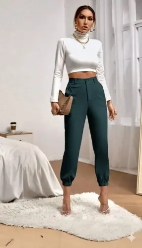 Women's High Waist Pocketed Elastic Hem Imported Crepe Pants - 4