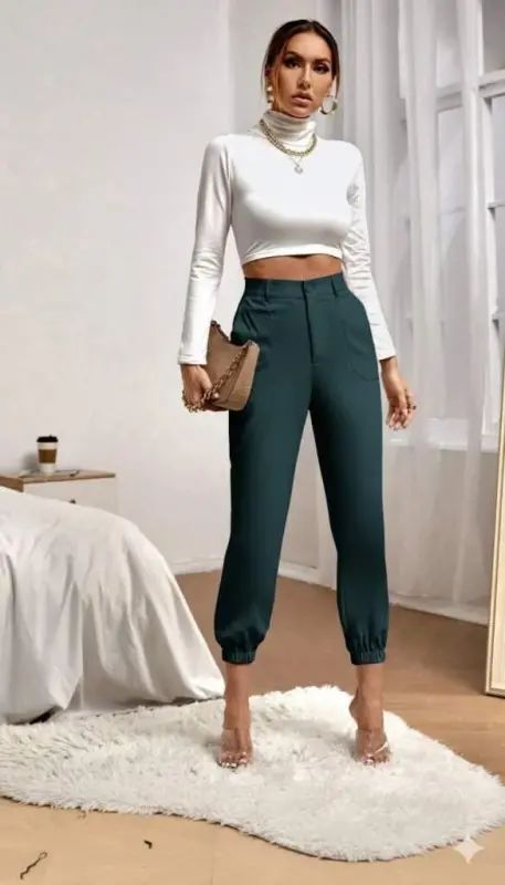 Women's High Waist Pocketed Elastic Hem Imported Crepe Pants - 4