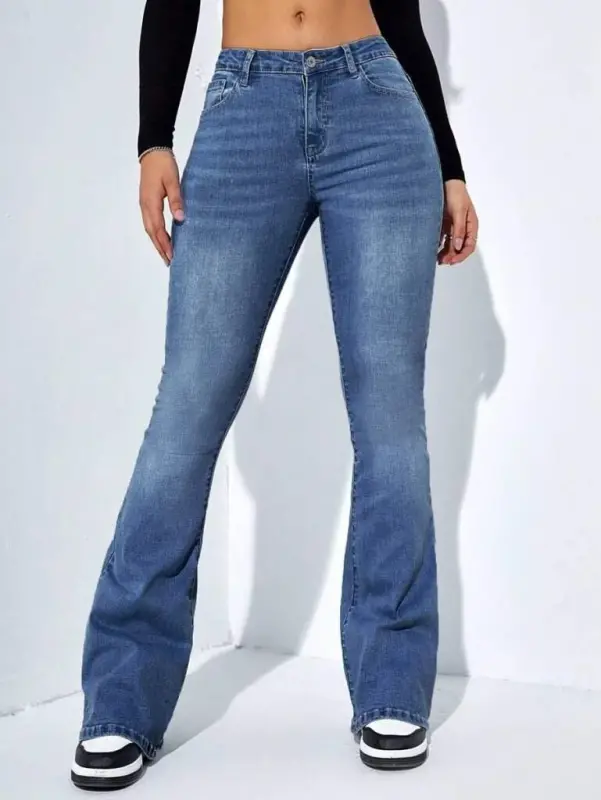 Women's High Waist Pocketed Flare Leg Denim Jeans Pants - 1