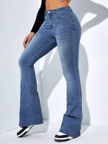 Women's High Waist Pocketed Flare Leg Denim Jeans Pants - 3