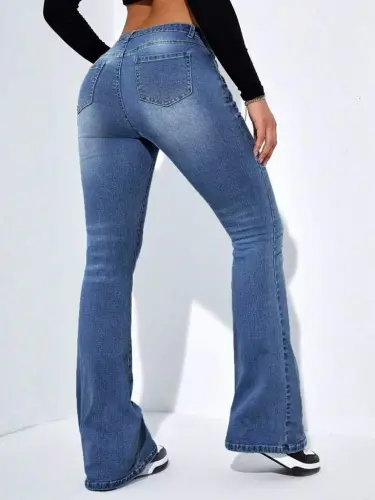 Women's High Waist Pocketed Flare Leg Denim Jeans Pants - 5