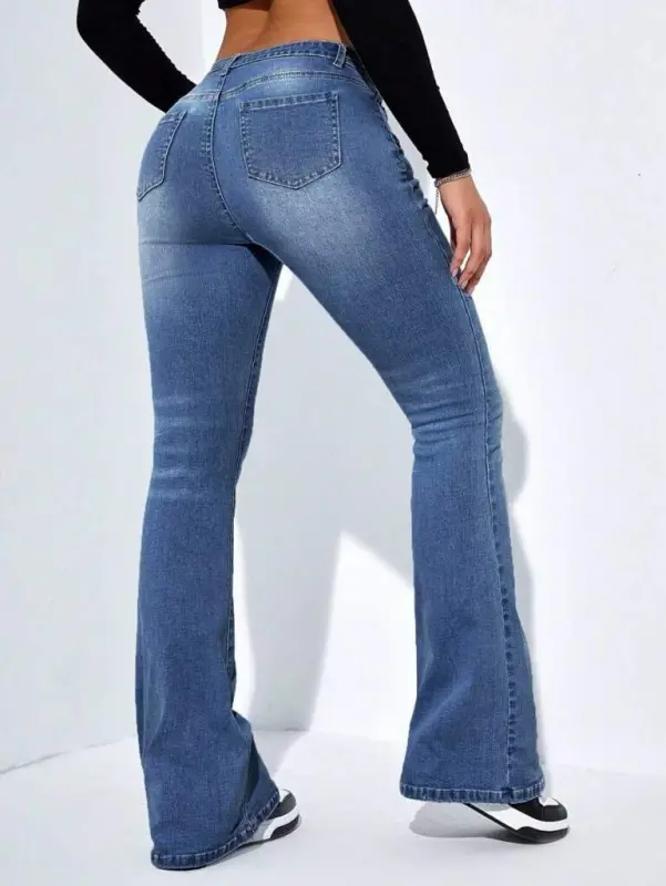 Women's High Waist Pocketed Flare Leg Denim Jeans Pants - 5