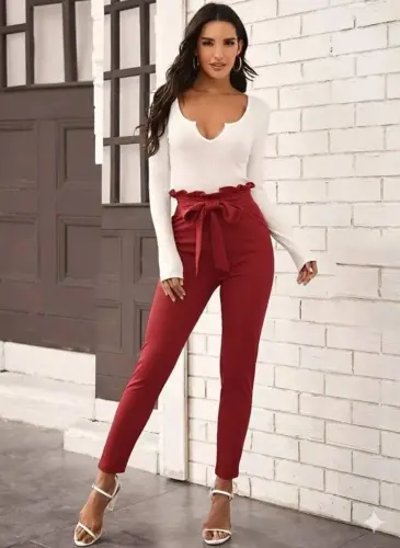 Women's High Waist Ruffled Waist Front Tie Imported Crepe Trousers - 3