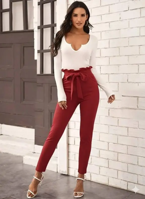 Women's High Waist Ruffled Waist Front Tie Imported Crepe Trousers - 3