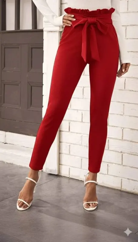 Women's High Waist Ruffled Waist Tie Front Imported Crepe Pants - 1