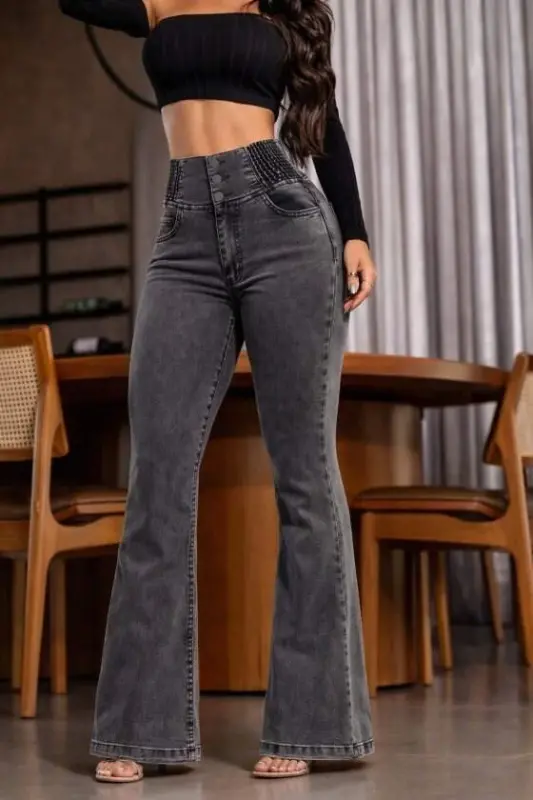 Women's High Waist Side Elastic Front Button Jeans - 5