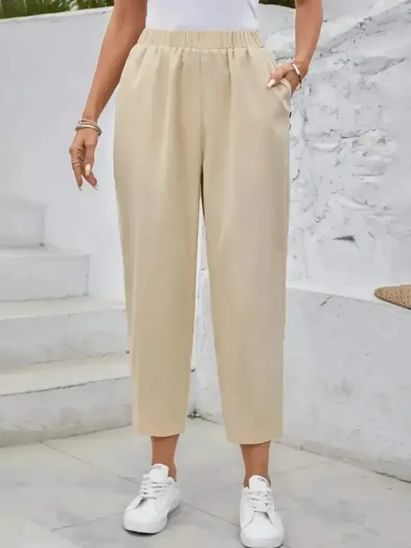 Women's High Waist Side Pocket Button Detailed Wide Leg Imported Crepe Pants - 1