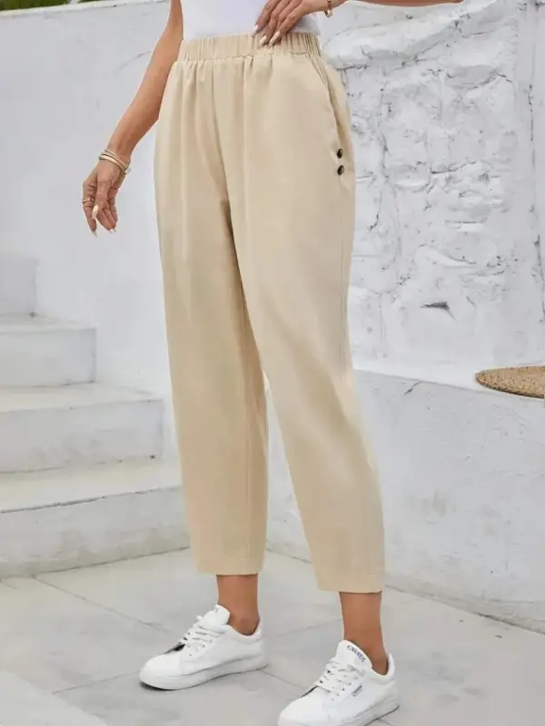 Women's High Waist Side Pocket Button Detailed Wide Leg Imported Crepe Pants - 2