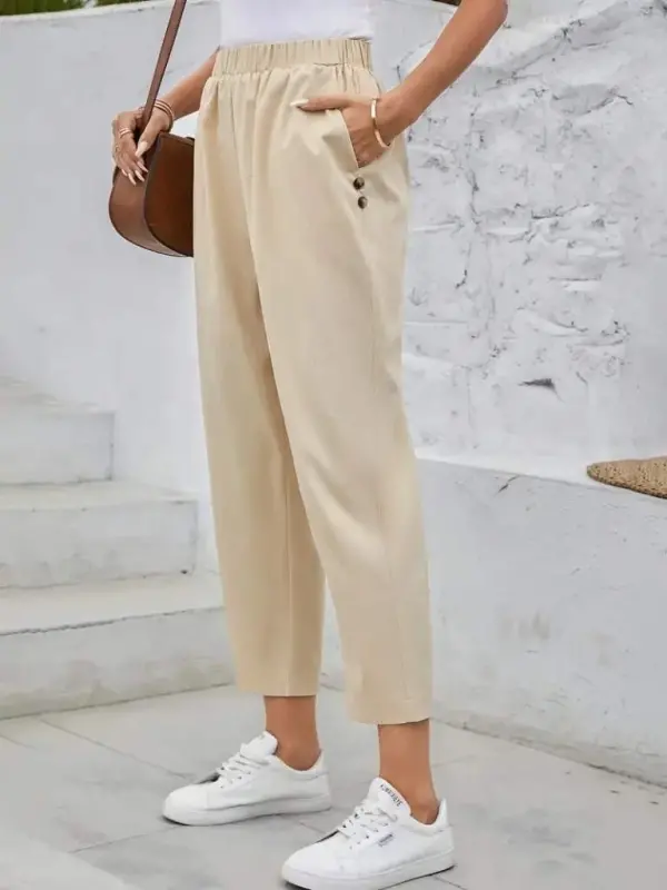 Women's High Waist Side Pocket Button Detailed Wide Leg Imported Crepe Pants - 4