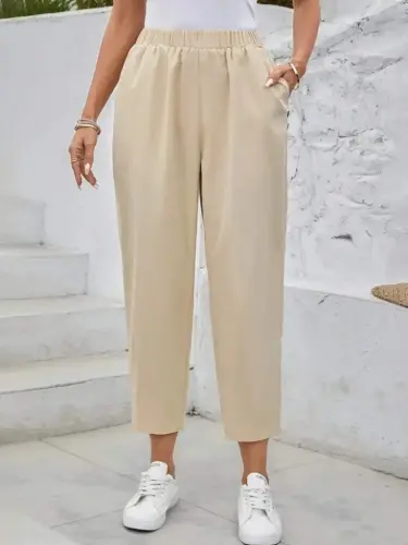 Women's High Waist Side Pocket Button Detailed Wide Leg Imported Crepe Pants - 1