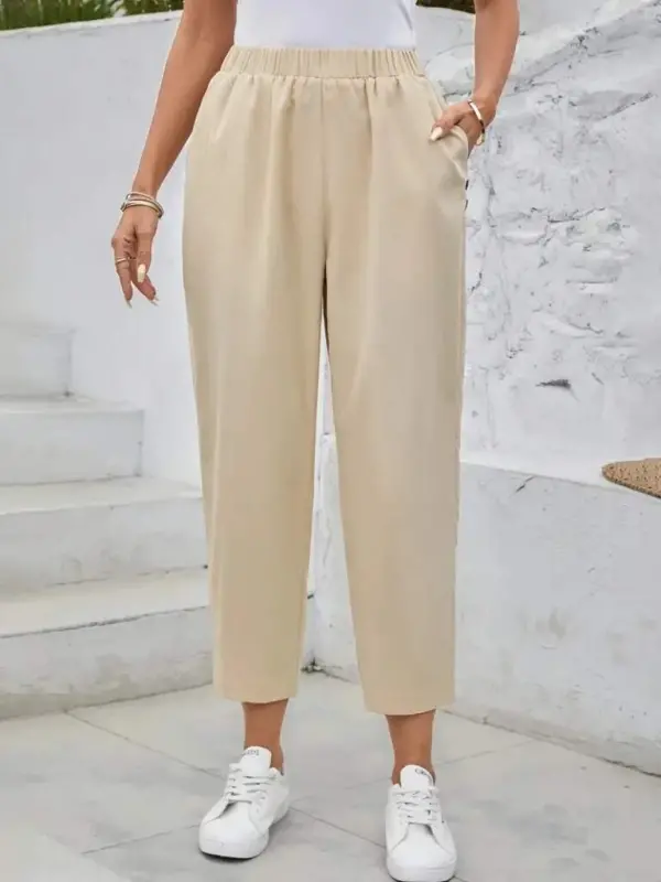 Women's High Waist Side Pocket Button Detailed Wide Leg Imported Crepe Pants - 1