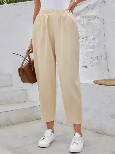 Women's High Waist Side Pocket Button Detailed Wide Leg Imported Crepe Pants - 3