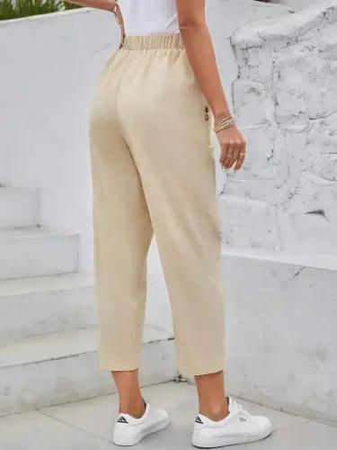 Women's High Waist Side Pocket Button Detailed Wide Leg Imported Crepe Pants - 5