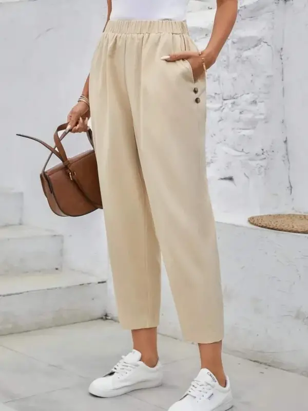 Women's High Waist Side Pocket Button Detailed Wide Leg Imported Crepe Pants - 6