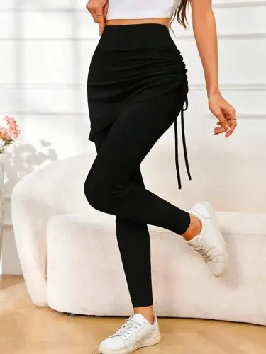 Women's High Waist Side Ruched Long Ribbed Leggings Skirt - BÜYÜKBEDENIZ (1)