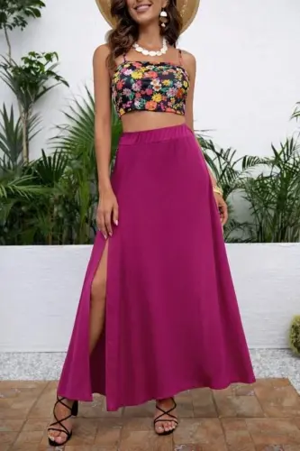 Women's High Waist Side Slit Long Sandy Skirt - BÜYÜKBEDENIZ (1)