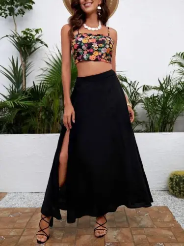 Women's High Waist Side Slit Long Sandy Skirt - BÜYÜKBEDENIZ (1)