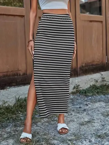 Women's High Waist Side Slit Long Viscose Skirt - BÜYÜKBEDENIZ (1)