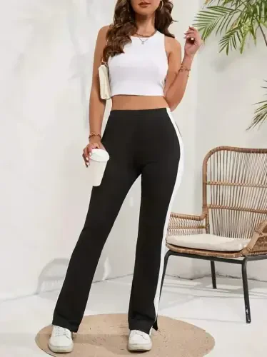 Women's High Waist Side Stripe Detailed Slit Viscose Two Thread Pants - 3