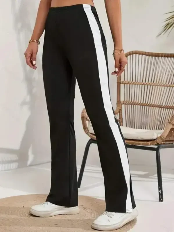 Women's High Waist Side Stripe Detailed Slit Viscose Two Thread Pants - 4