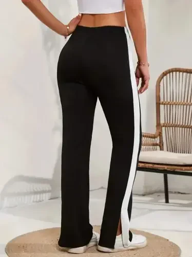 Women's High Waist Side Stripe Detailed Slit Viscose Two Thread Pants - 5