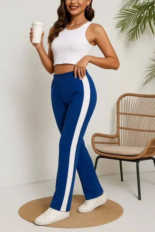 Women's High Waist Side Stripe Detailed Slit Viscose Two Thread Pants - 1