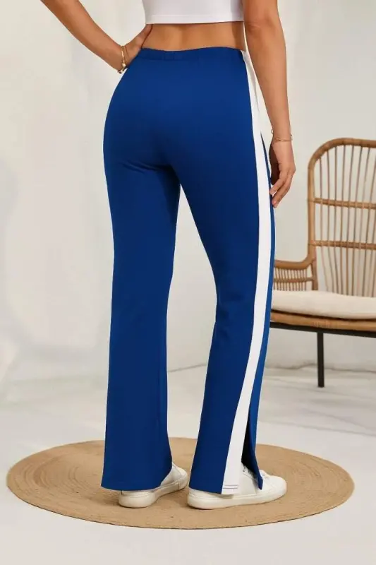 Women's High Waist Side Stripe Detailed Slit Viscose Two Thread Pants - 3