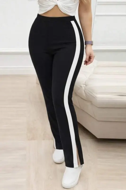 Women's High Waist Side Striped Slitted Viscose Two-Thread Trousers - 1