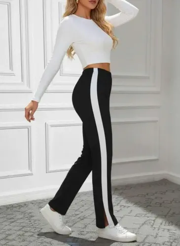 Women's High Waist Side Striped Slitted Viscose Two-Thread Trousers - BÜYÜKBEDENIZ (1)