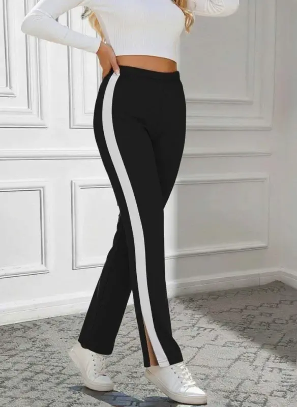Women's High Waist Side Striped Slitted Viscose Two-Thread Trousers - 3