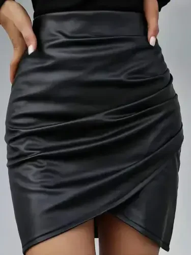 Women's High Waist Side Zipper Pleated Mini Leather Skirt - 1