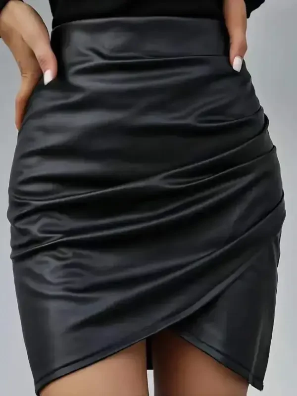 Women's High Waist Side Zipper Pleated Mini Leather Skirt - 1