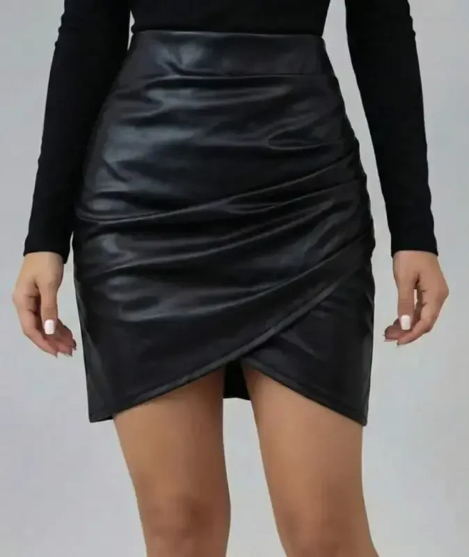 Women's High Waist Side Zipper Pleated Mini Leather Skirt - 3