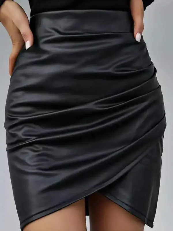 Women's High Waist Side Zipper Pleated Mini Leather Skirt - BÜYÜKBEDENIZ