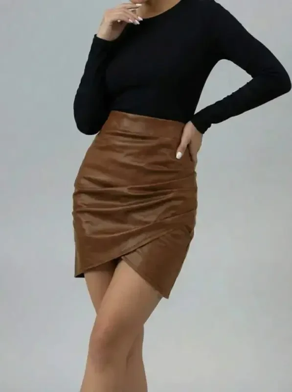 Women's High Waist Side Zipper Pleated Mini Leather Skirt - 3