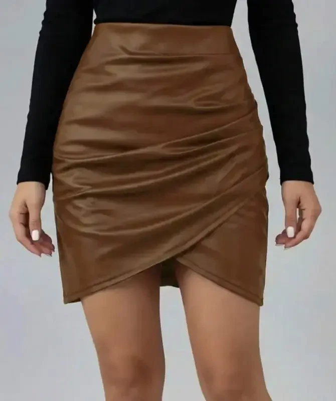 Women's High Waist Side Zipper Pleated Mini Leather Skirt - 4