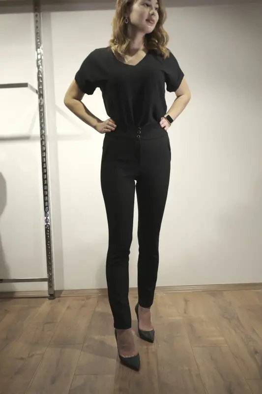 Women's High Waist Stretch-fit Pants with Side Elastic Detailing - 2