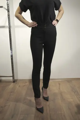 Women's High Waist Stretch-fit Pants with Side Elastic Detailing - 3