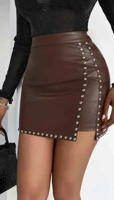 Women's High Waist Studded Mini Leather Skirt - BÜYÜKBEDENIZ