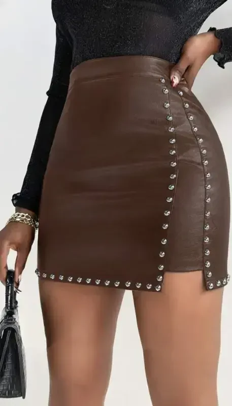 Women's High Waist Studded Mini Leather Skirt - 2