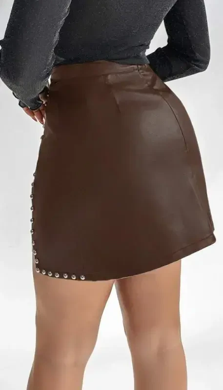Women's High Waist Studded Mini Leather Skirt - 3